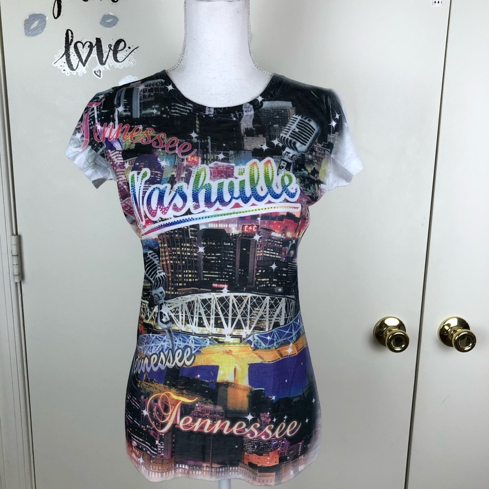 SUN SHIRT GRAPHIC TEE NASHVILLE BEADS STRETCH SZ M